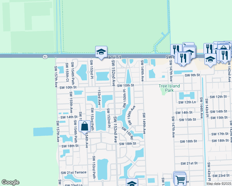 map of restaurants, bars, coffee shops, grocery stores, and more near 15162 Southwest 11th Street in Miami