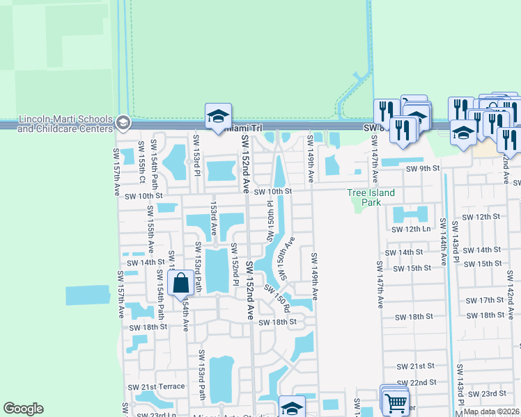 map of restaurants, bars, coffee shops, grocery stores, and more near 15162 Southwest 11th Street in Miami