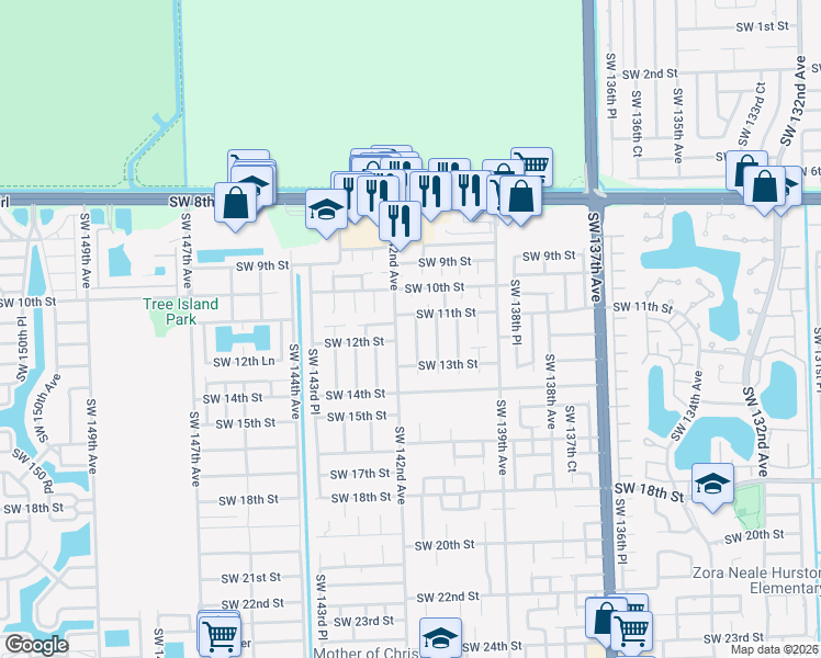 map of restaurants, bars, coffee shops, grocery stores, and more near 1148 Southwest 141st Avenue in Miami