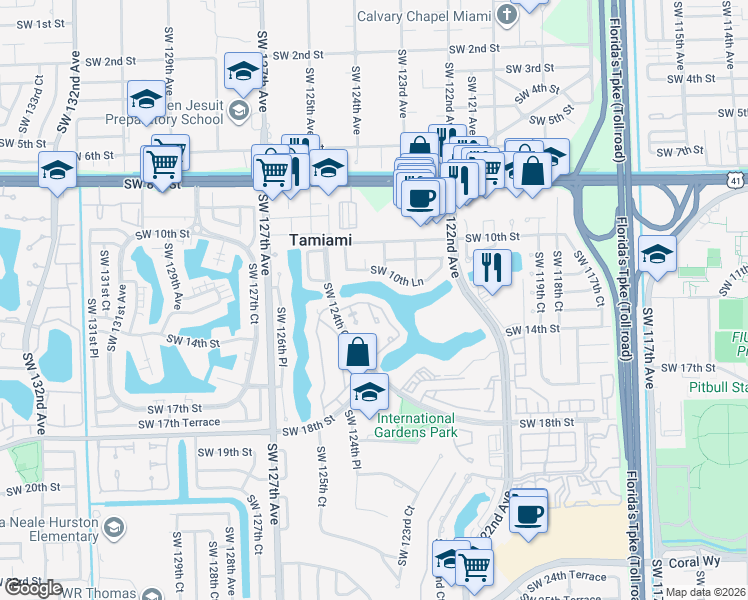 map of restaurants, bars, coffee shops, grocery stores, and more near 12282 Southwest 10th Lane in Miami
