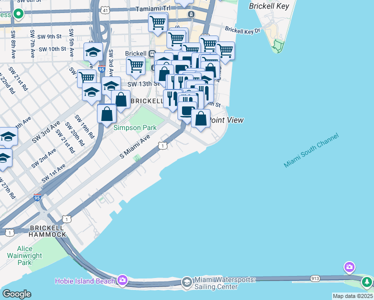 map of restaurants, bars, coffee shops, grocery stores, and more near 1581 Brickell Avenue in Miami