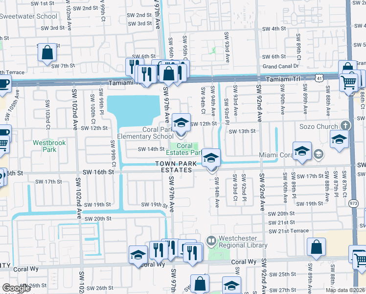 map of restaurants, bars, coffee shops, grocery stores, and more near 1405 Southwest 97th Avenue in Miami