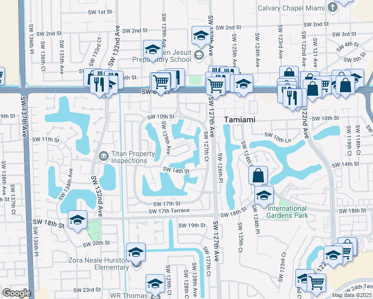 map of restaurants, bars, coffee shops, grocery stores, and more near 12811 Southwest 12th Terrace in Miami