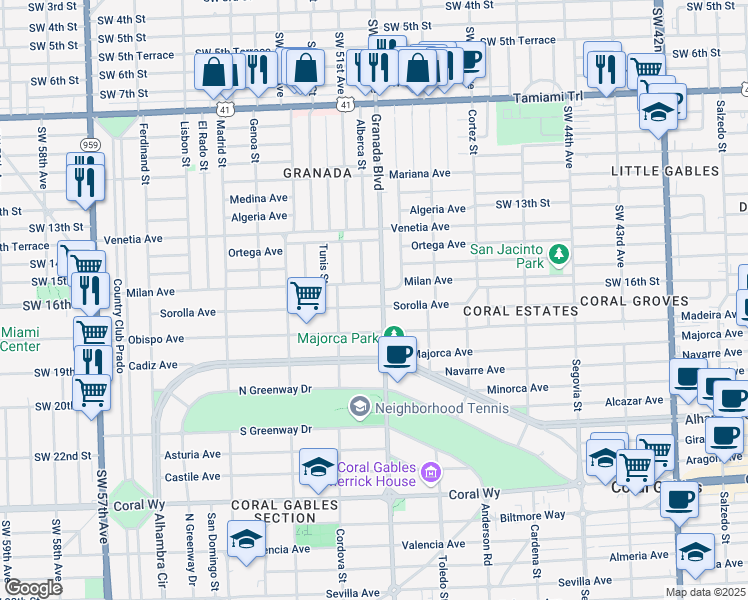 map of restaurants, bars, coffee shops, grocery stores, and more near 1624 Granada Boulevard in Coral Gables