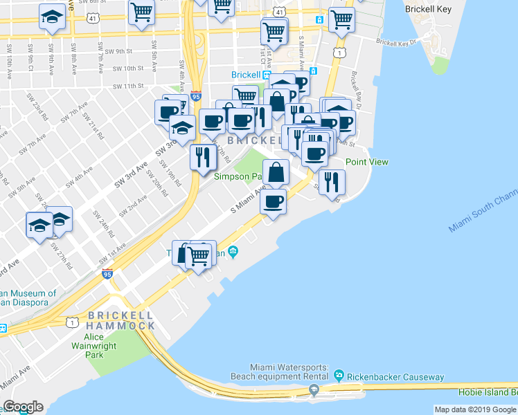 map of restaurants, bars, coffee shops, grocery stores, and more near 1650 Brickell Avenue in Miami