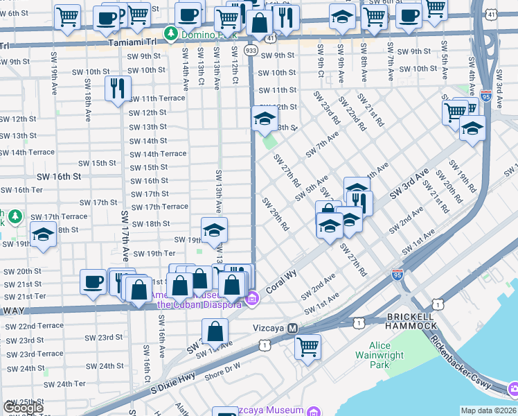 map of restaurants, bars, coffee shops, grocery stores, and more near 1739 Southwest 12th Avenue in Miami