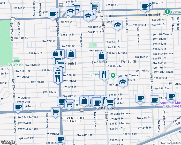 map of restaurants, bars, coffee shops, grocery stores, and more near 2340 Southwest 17th Street in Miami