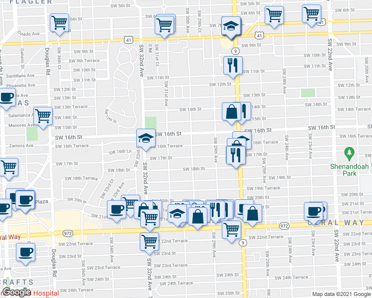 map of restaurants, bars, coffee shops, grocery stores, and more near 1627 Southwest 30th Avenue in Miami