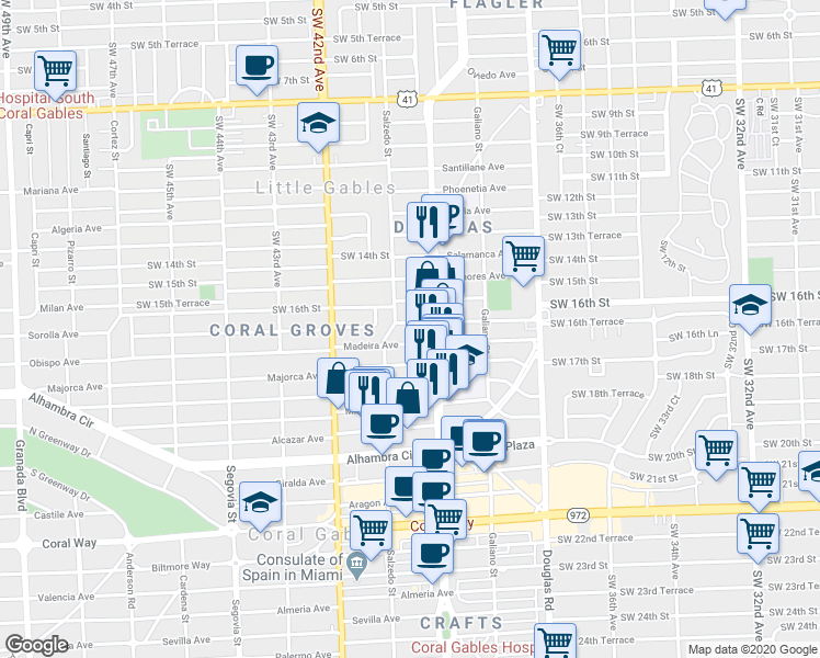 map of restaurants, bars, coffee shops, grocery stores, and more near 232 Zamora Avenue in Miami
