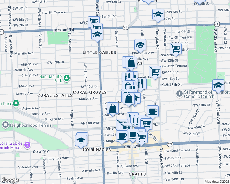 map of restaurants, bars, coffee shops, grocery stores, and more near 232 Zamora Avenue in Miami
