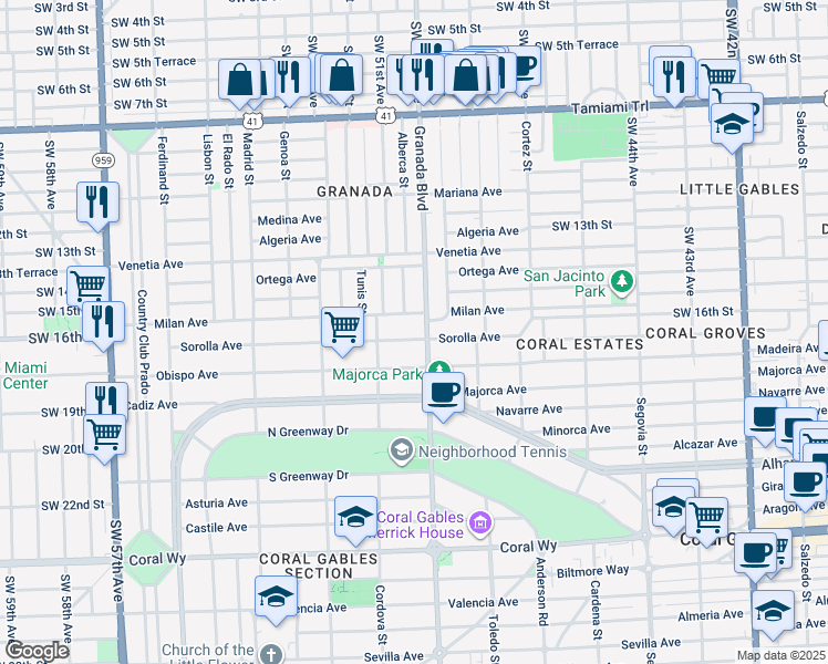 map of restaurants, bars, coffee shops, grocery stores, and more near 1624 Granada Boulevard in Coral Gables