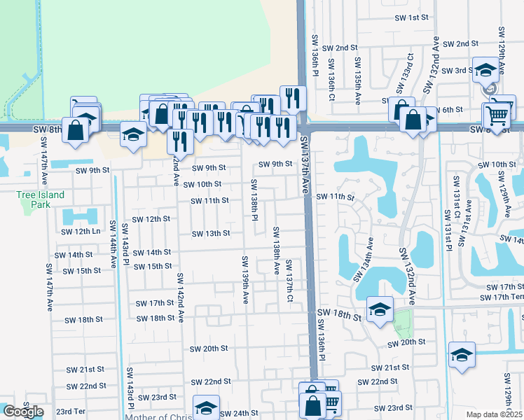 map of restaurants, bars, coffee shops, grocery stores, and more near 1142 Southwest 138th Court in Miami