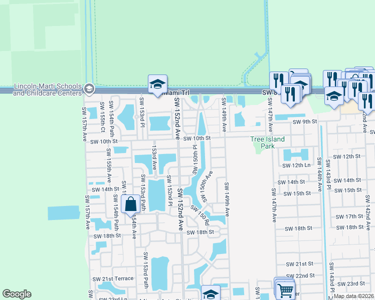 map of restaurants, bars, coffee shops, grocery stores, and more near 15162 Southwest 11th Street in Miami