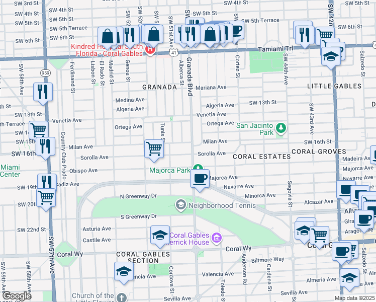 map of restaurants, bars, coffee shops, grocery stores, and more near 1624 Granada Boulevard in Coral Gables