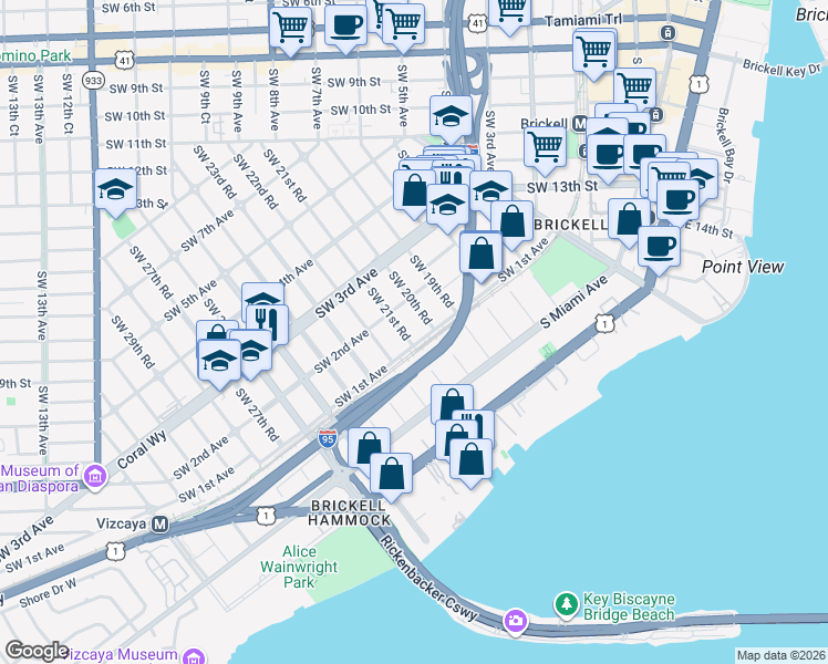 map of restaurants, bars, coffee shops, grocery stores, and more near 119 Southwest 21st Road in Miami