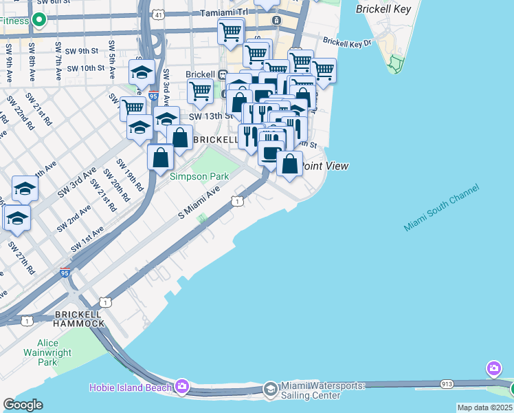 map of restaurants, bars, coffee shops, grocery stores, and more near 1581 Brickell Avenue in Miami