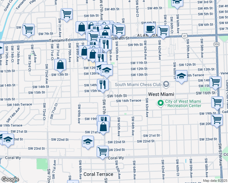 map of restaurants, bars, coffee shops, grocery stores, and more near 1517 Southwest 65th Place in West Miami