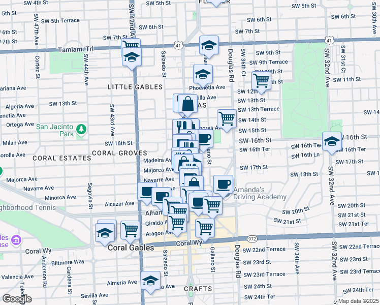map of restaurants, bars, coffee shops, grocery stores, and more near 1704 Ponce de Leon in Coral Gables
