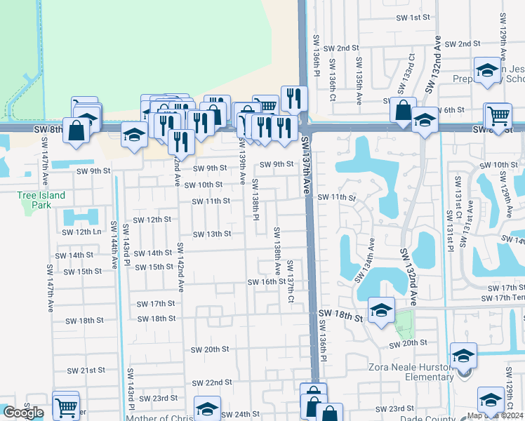 map of restaurants, bars, coffee shops, grocery stores, and more near 1142 Southwest 138th Court in Miami