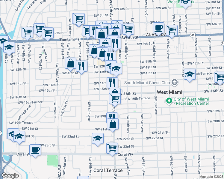map of restaurants, bars, coffee shops, grocery stores, and more near 1500 Ludlam Road in West Miami