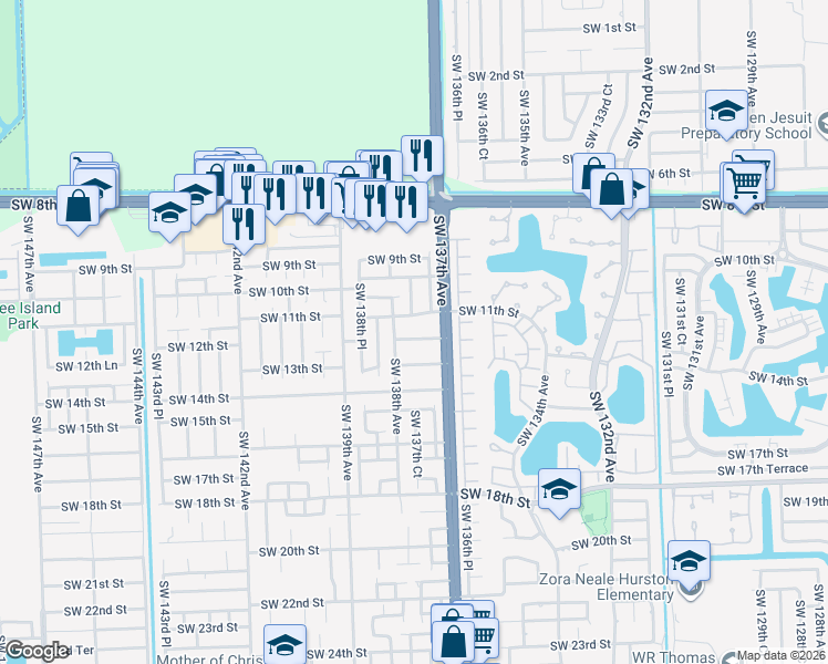 map of restaurants, bars, coffee shops, grocery stores, and more near 13727 Southwest 12th Street in Miami