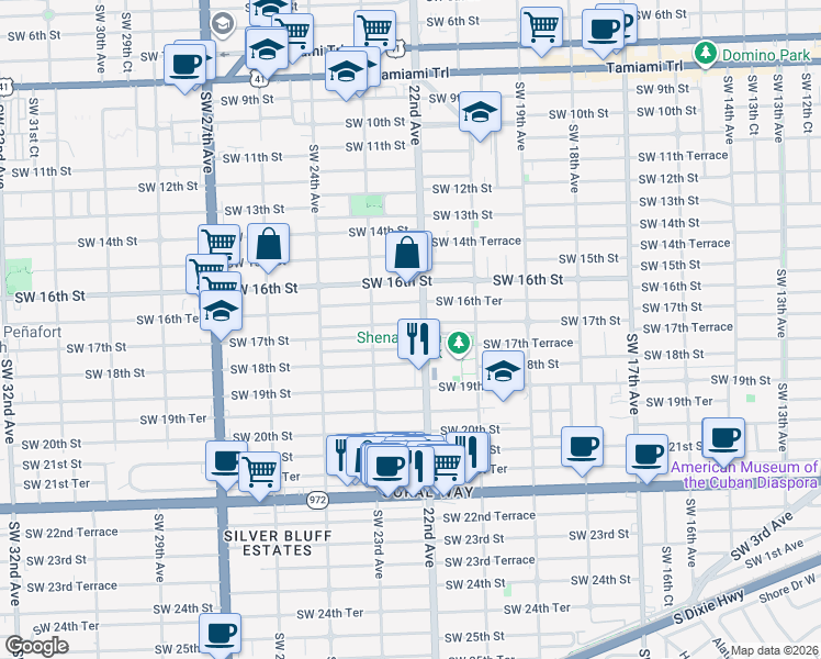 map of restaurants, bars, coffee shops, grocery stores, and more near 2214 Southwest 17th Street in Miami