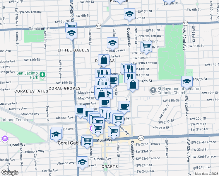 map of restaurants, bars, coffee shops, grocery stores, and more near 110 Zamora Avenue in Coral Gables