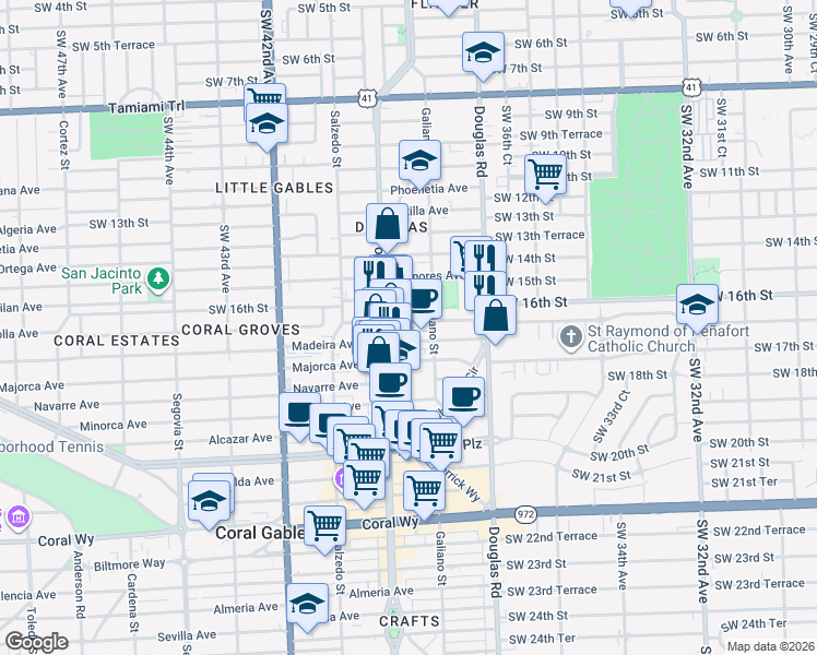 map of restaurants, bars, coffee shops, grocery stores, and more near 118 Zamora Avenue in Coral Gables