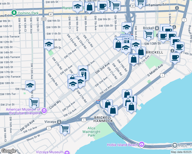 map of restaurants, bars, coffee shops, grocery stores, and more near in Miami