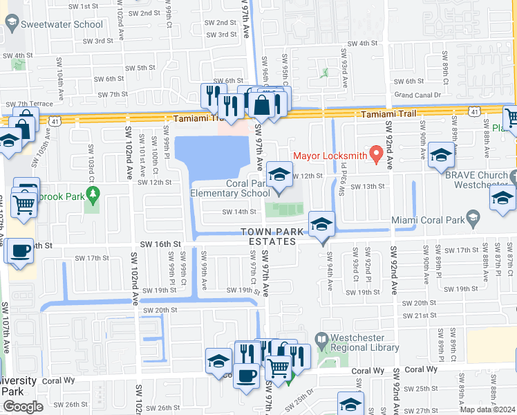 map of restaurants, bars, coffee shops, grocery stores, and more near 1330 Southwest 97th Avenue in Miami