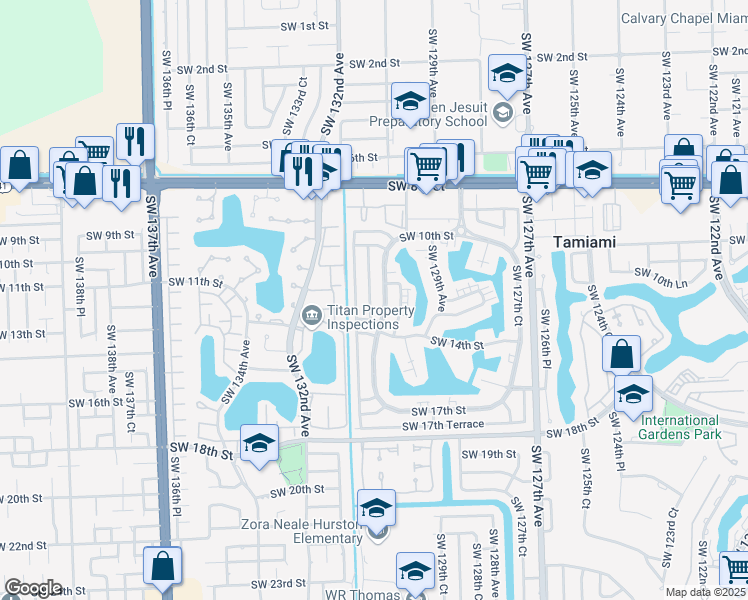 map of restaurants, bars, coffee shops, grocery stores, and more near 1235 Southwest 131st Court in Miami