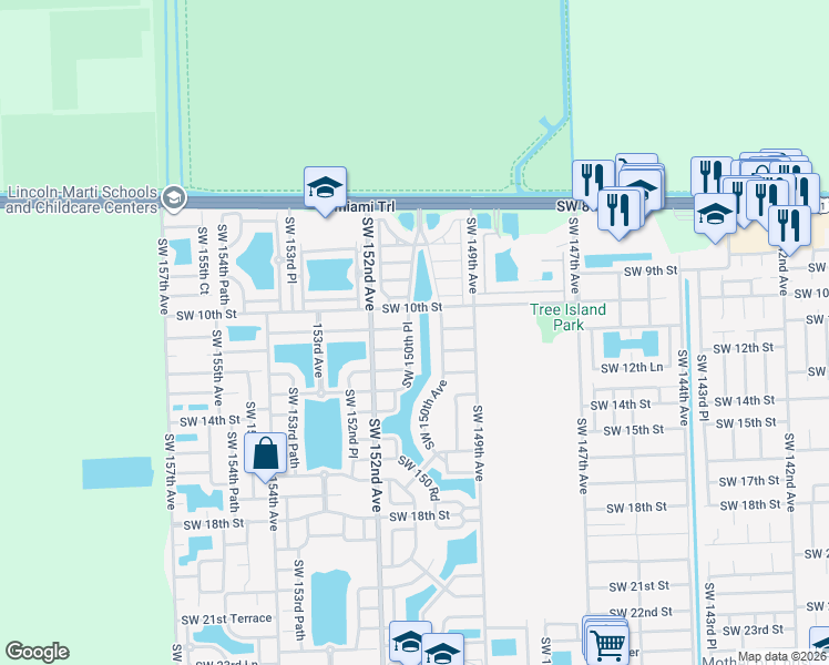 map of restaurants, bars, coffee shops, grocery stores, and more near 1071 Southwest 150th Place in Miami