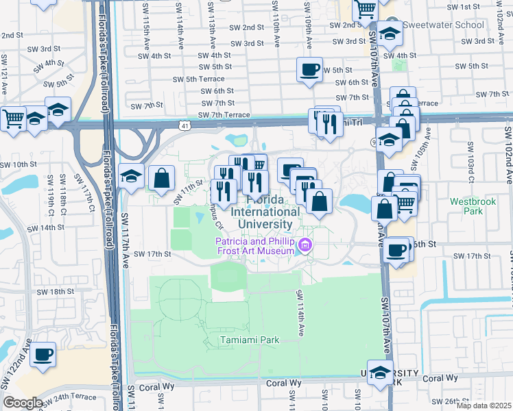 map of restaurants, bars, coffee shops, grocery stores, and more near 11200 Southwest 12th Street in Miami