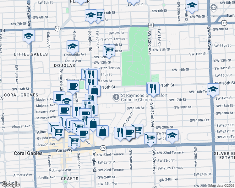 map of restaurants, bars, coffee shops, grocery stores, and more near 3420 Southwest 16th Terrace in Miami