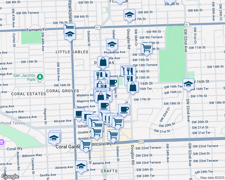 map of restaurants, bars, coffee shops, grocery stores, and more near 110 Zamora Avenue in Coral Gables