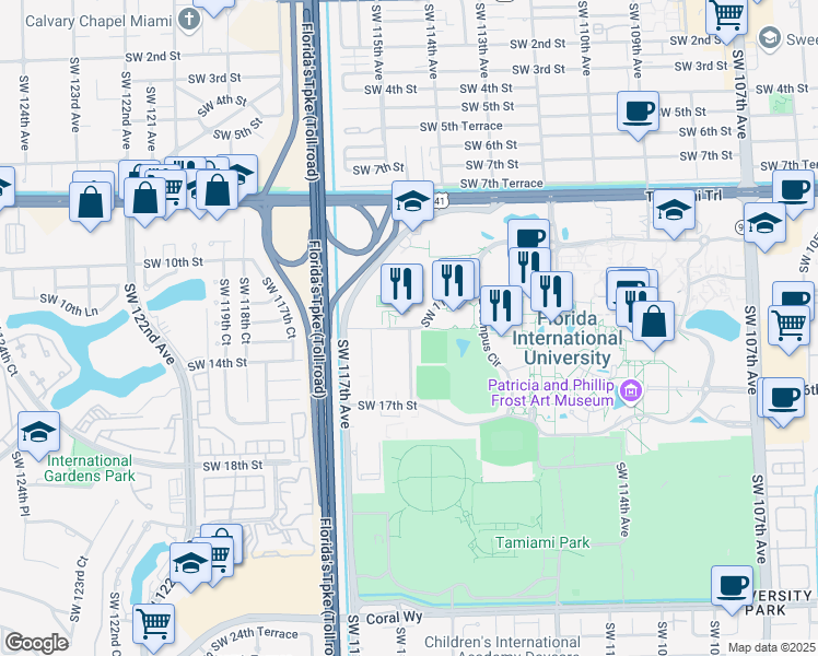 map of restaurants, bars, coffee shops, grocery stores, and more near 11212 Southwest 11th Street in Miami