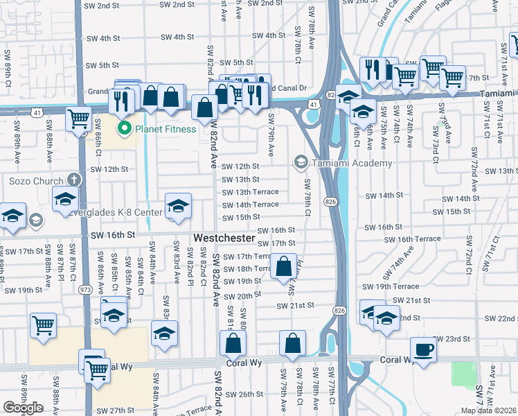 map of restaurants, bars, coffee shops, grocery stores, and more near 7950 Southwest 14th Terrace in Miami