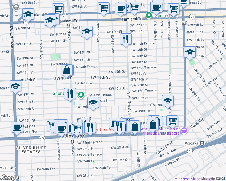 map of restaurants, bars, coffee shops, grocery stores, and more near 1800 Southwest 17th Street in Miami