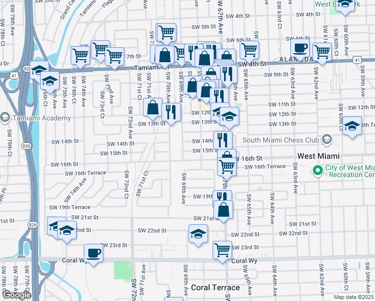 map of restaurants, bars, coffee shops, grocery stores, and more near 6861 Southwest 15th Street in Miami
