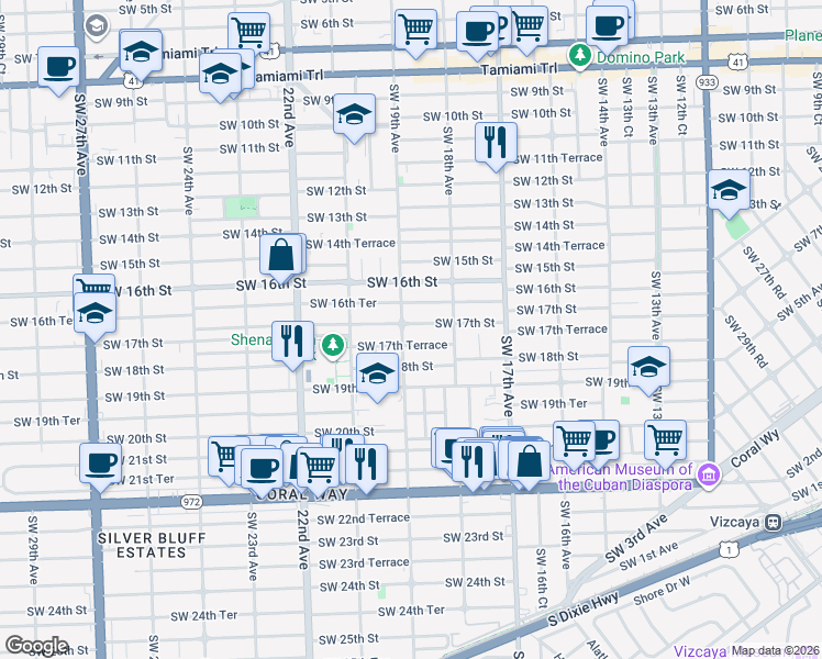 map of restaurants, bars, coffee shops, grocery stores, and more near 1884 Southwest 17th Street in Miami