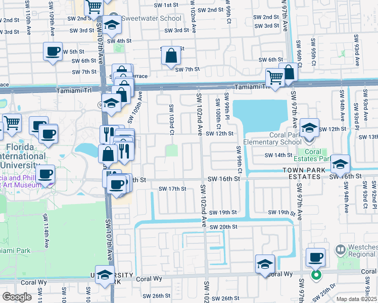 map of restaurants, bars, coffee shops, grocery stores, and more near 1330 Southwest 102nd Court in Miami