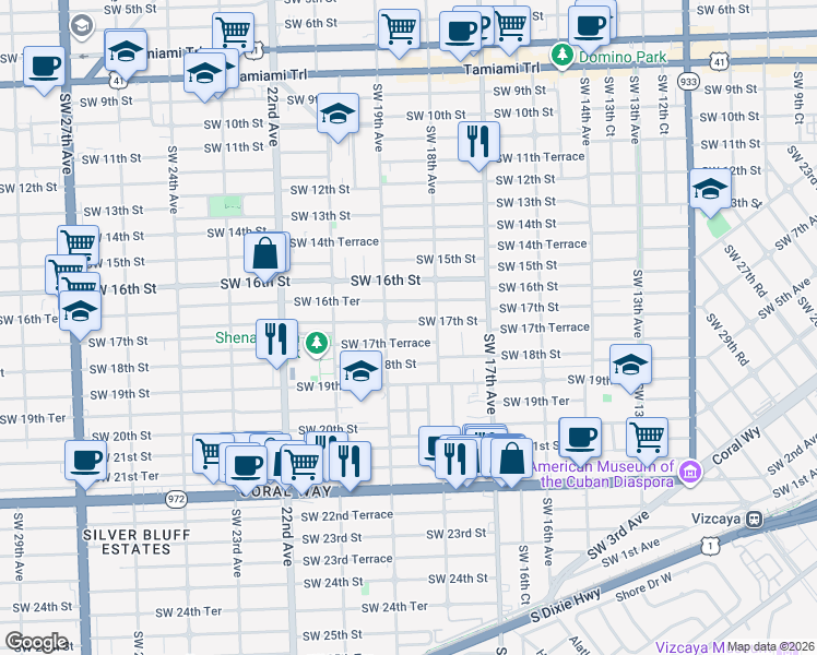 map of restaurants, bars, coffee shops, grocery stores, and more near 1884 Southwest 17th Street in Miami