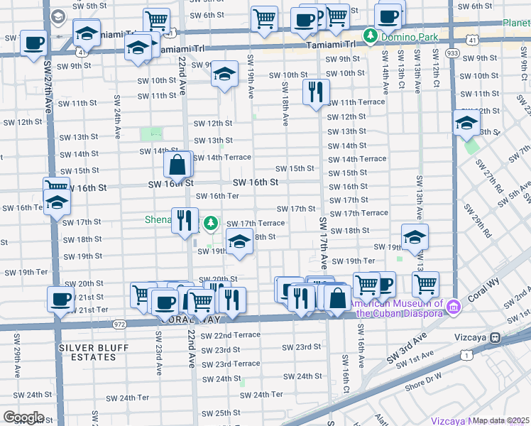 map of restaurants, bars, coffee shops, grocery stores, and more near 1884 Southwest 17th Street in Miami