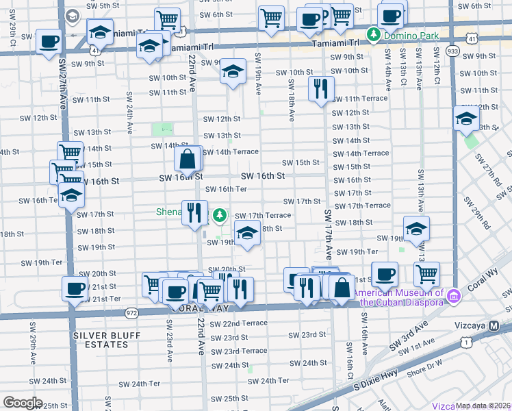 map of restaurants, bars, coffee shops, grocery stores, and more near 1884 Southwest 17th Street in Miami