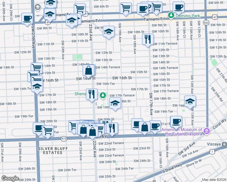 map of restaurants, bars, coffee shops, grocery stores, and more near 2000 Southwest 17th Street in Miami