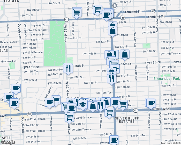 map of restaurants, bars, coffee shops, grocery stores, and more near 1627 Southwest 30th Avenue in Miami
