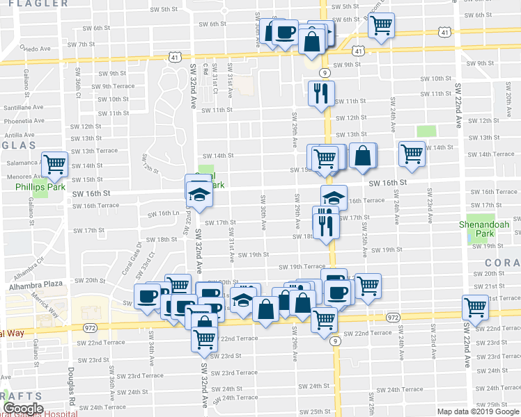 map of restaurants, bars, coffee shops, grocery stores, and more near 1627 Southwest 30th Avenue in Miami