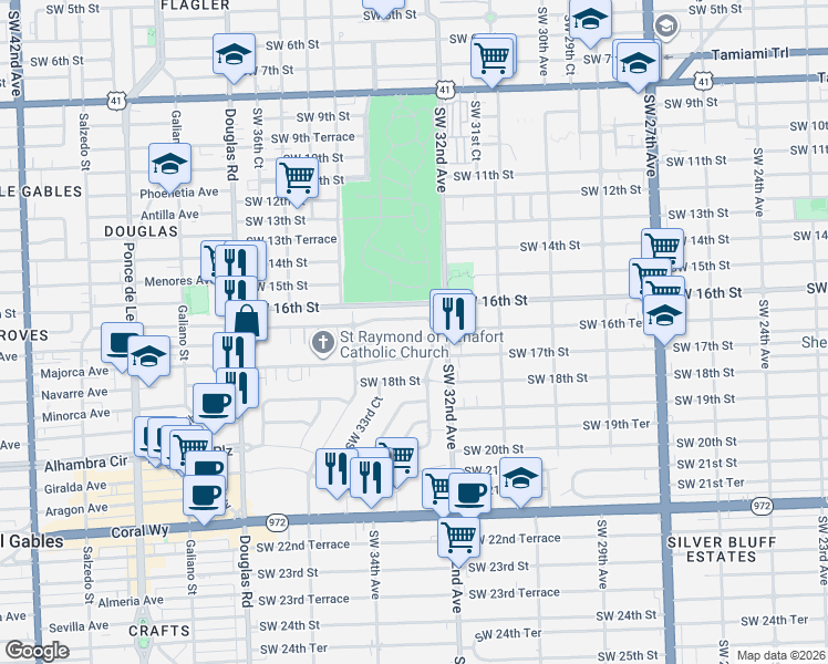 map of restaurants, bars, coffee shops, grocery stores, and more near 3281 Southwest 16th Lane in Miami