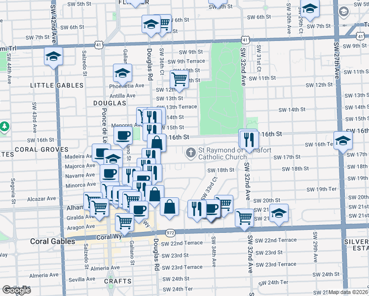 map of restaurants, bars, coffee shops, grocery stores, and more near 3436 Southwest 16th Terrace in Miami