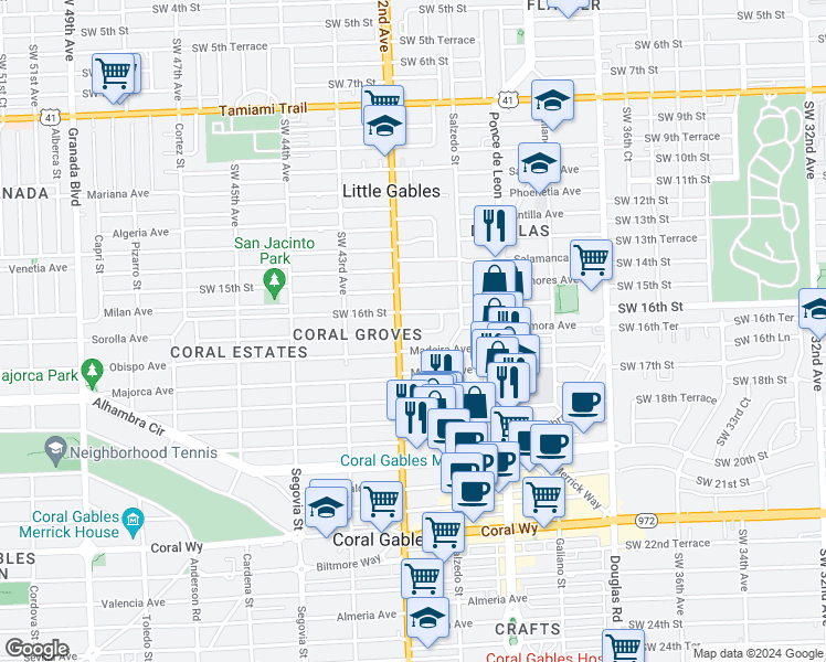 map of restaurants, bars, coffee shops, grocery stores, and more near 4017 Southwest 16th Terrace in Miami